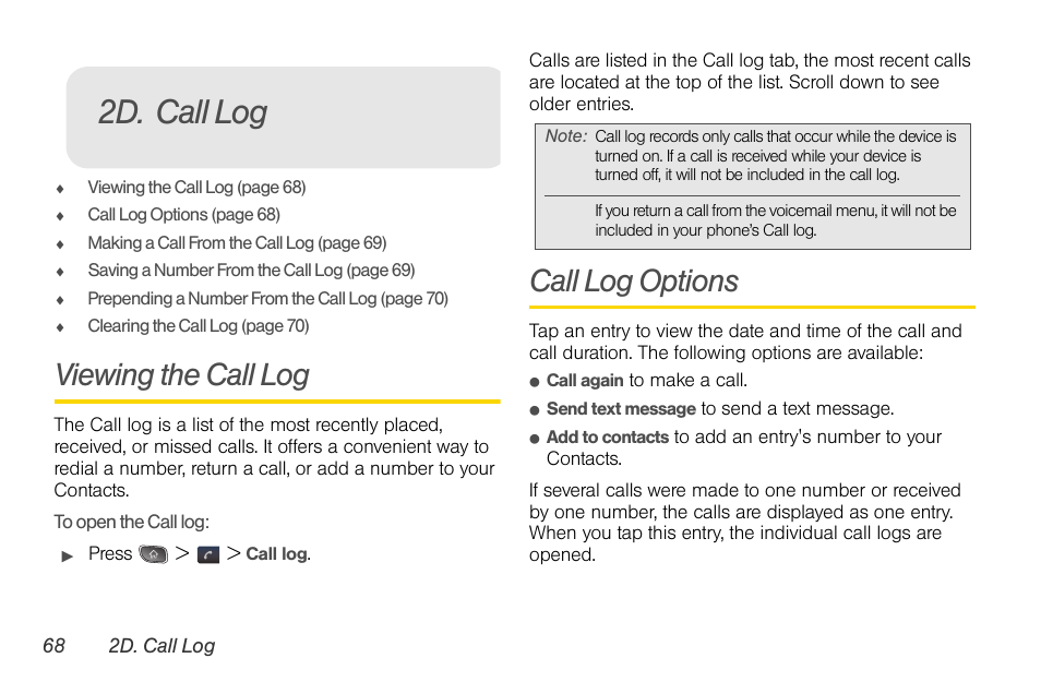 2d. call log, Viewing the call log, Call log options | LG LGLS670 User Manual | Page 82 / 213