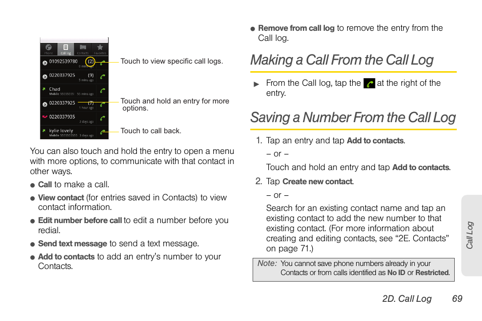 Making a call from the call log, Saving a number from the call log | LG LGLS670 User Manual | Page 83 / 213