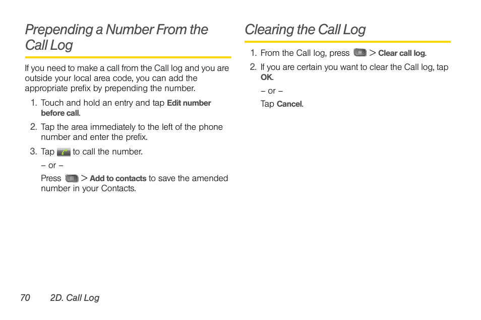 Prepending a number from the call log, Clearing the call log | LG LGLS670 User Manual | Page 84 / 213