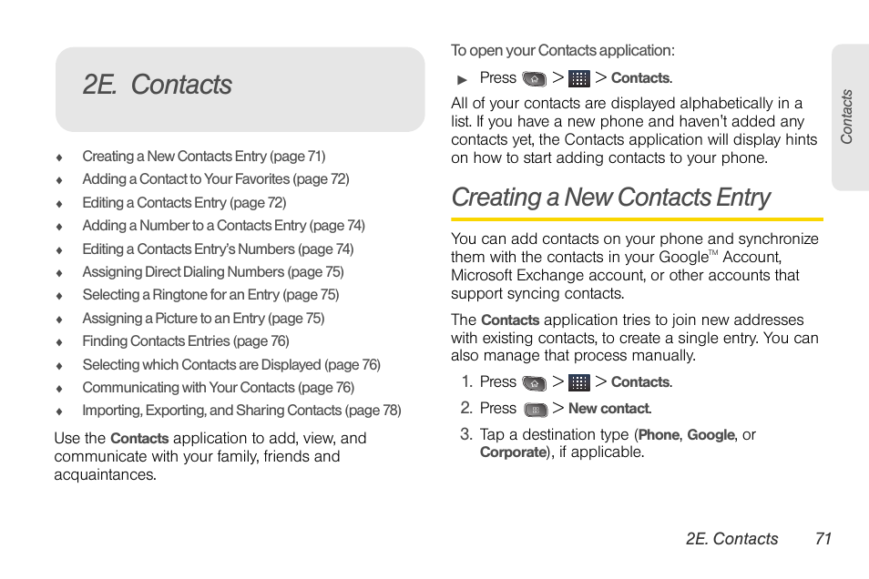 2e. contacts, Creating a new contacts entry | LG LGLS670 User Manual | Page 85 / 213