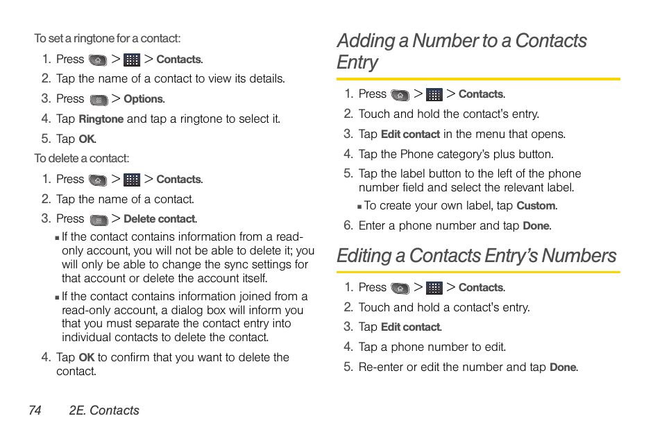 Adding a number to a contacts entry, Editing a contacts entry’s numbers | LG LGLS670 User Manual | Page 88 / 213