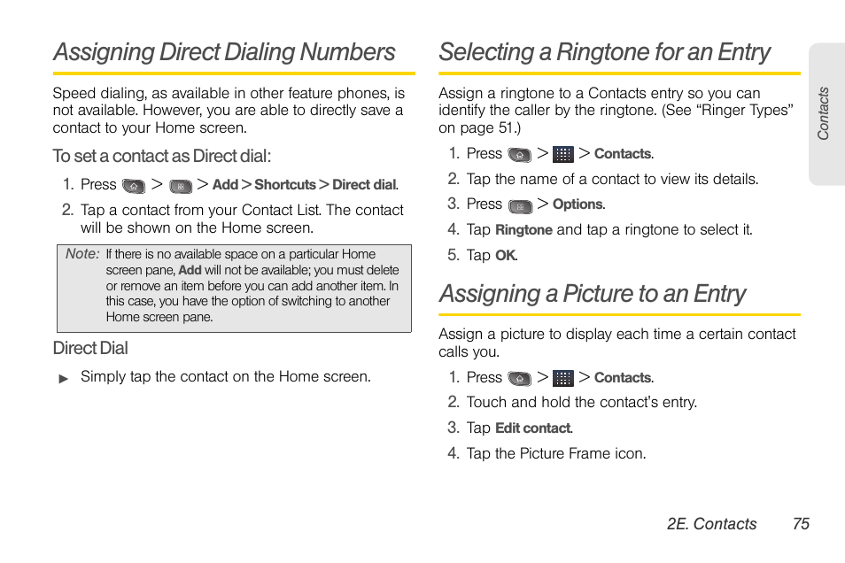 Assigning direct dialing numbers, Selecting a ringtone for an entry, Assigning a picture to an entry | LG LGLS670 User Manual | Page 89 / 213