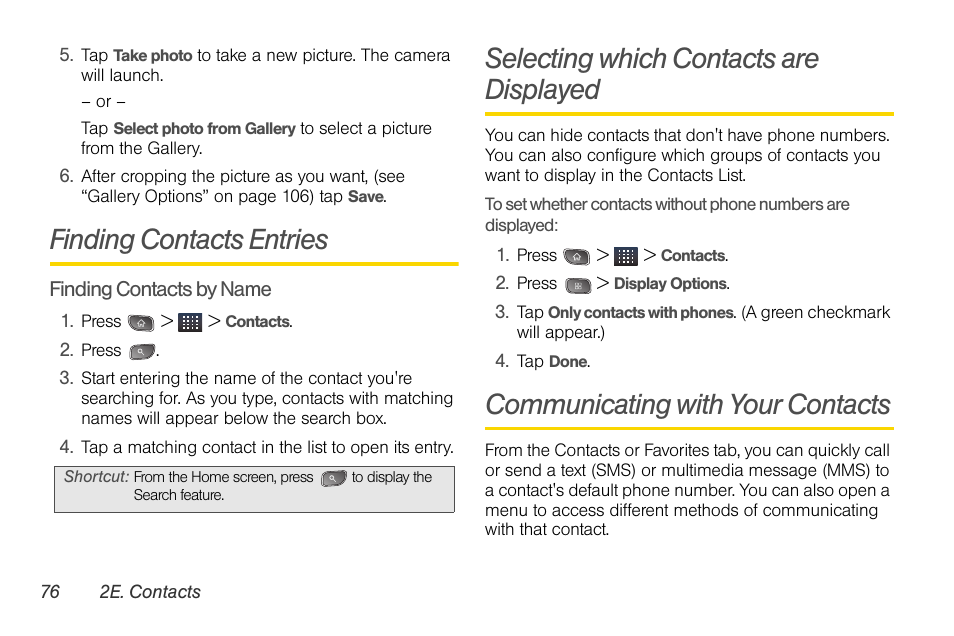 Finding contacts entries, Selecting which contacts are displayed, Communicating with your contacts | LG LGLS670 User Manual | Page 90 / 213