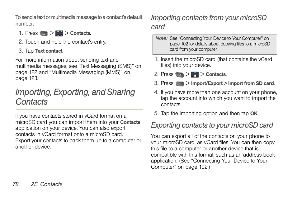 Importing, exporting, and sharing contacts, Importing contacts from your microsd card, Exporting contacts to your microsd card | LG LGLS670 User Manual | Page 92 / 213