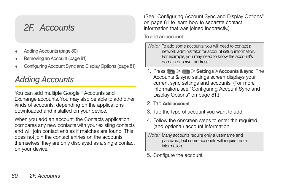 2f. accounts, Adding accounts | LG LGLS670 User Manual | Page 94 / 213