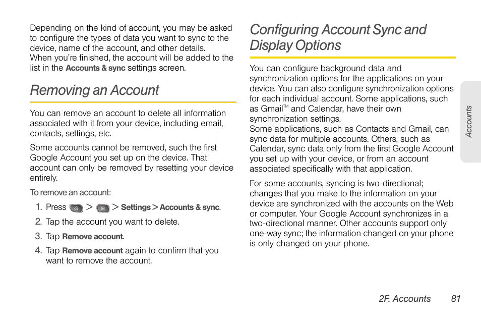 Removing an account, Configuring account sync and display options, Configuring account sync and | Display options | LG LGLS670 User Manual | Page 95 / 213