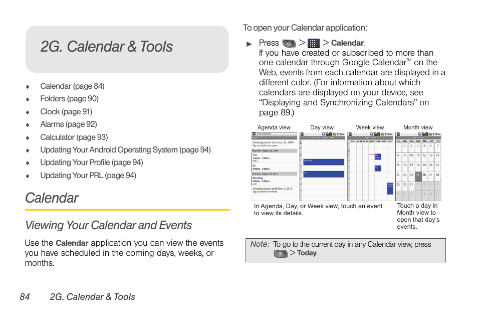 2g. calendar & tools, Calendar, Viewing your calendar and events | LG LGLS670 User Manual | Page 98 / 213