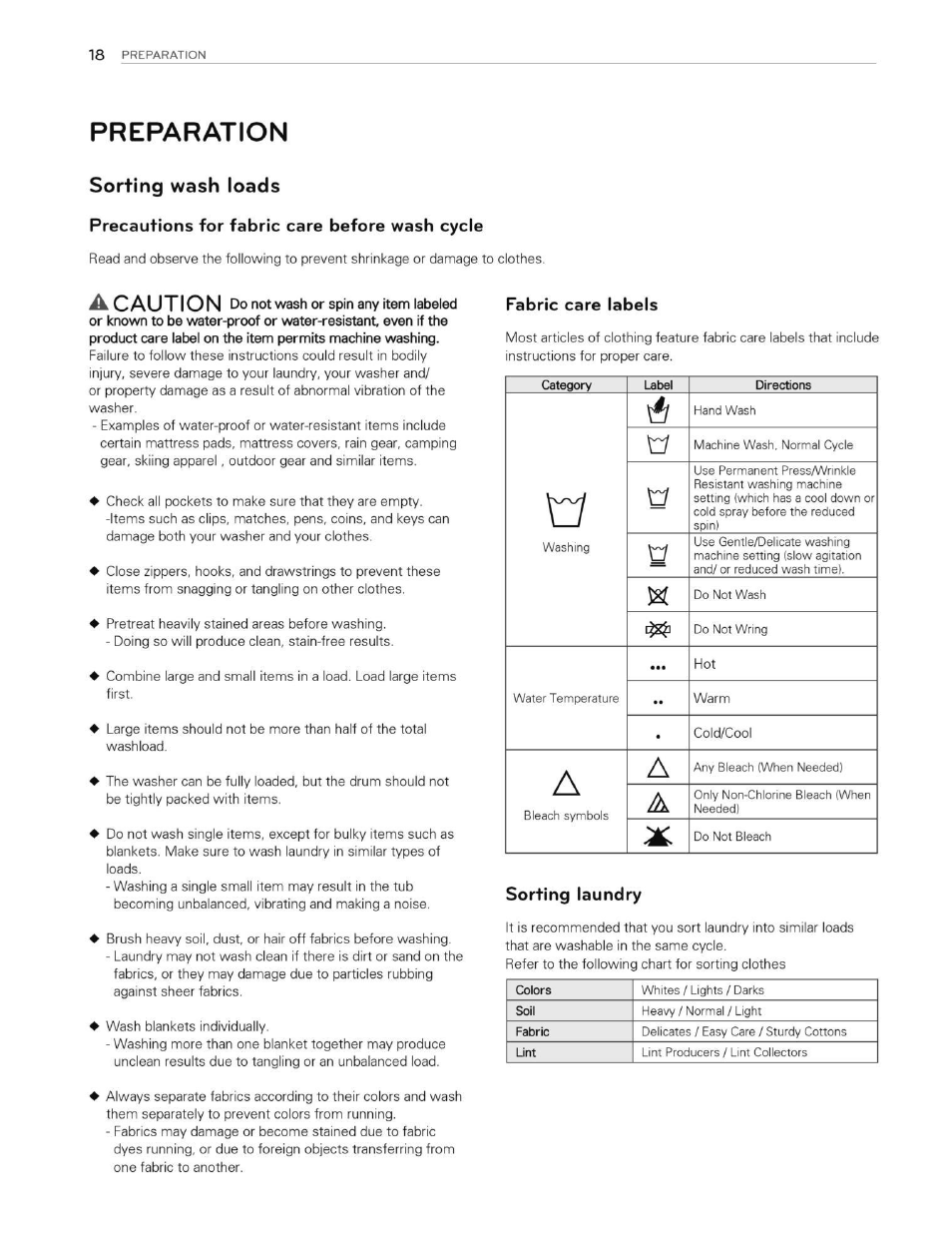 Preparation, Sorting wash loads, Precautions for fabric care before wash cycle | Fabric care labels, Sorting laundry, Acaution | LG WT5070CW User Manual | Page 18 / 76
