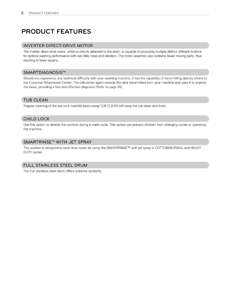 Product features | LG WT5070CW User Manual | Page 2 / 76