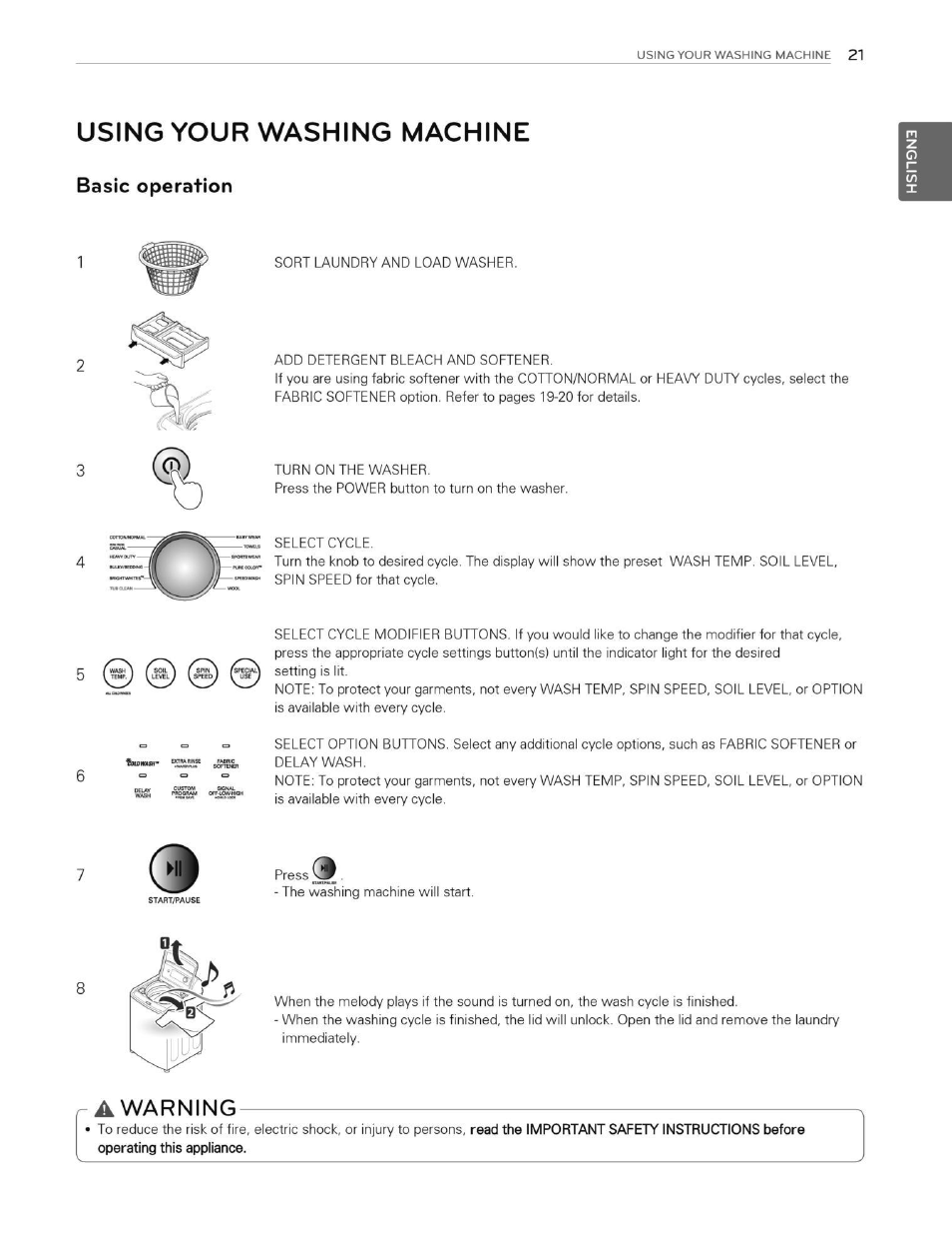 Using your washing machine, Basic operation, A warning | Warning | LG WT5070CW User Manual | Page 21 / 76