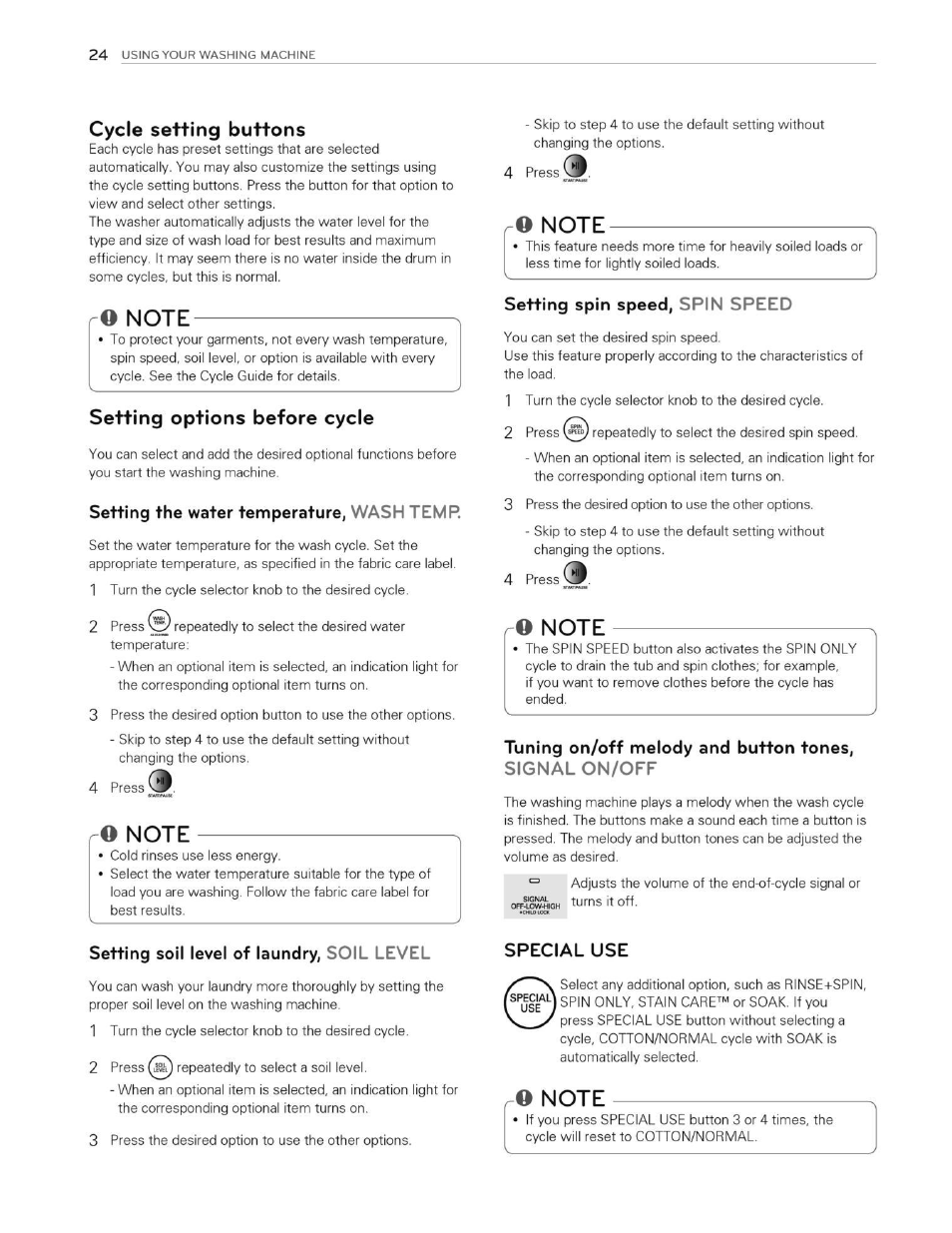 Cycle setting buttons, Ro note, Setting options before cycle | Setting the water temperature, wash temp, O note, Setting soil level of laundry, soil level, Setting spin speed, spin speed, Special use | LG WT5070CW User Manual | Page 24 / 76