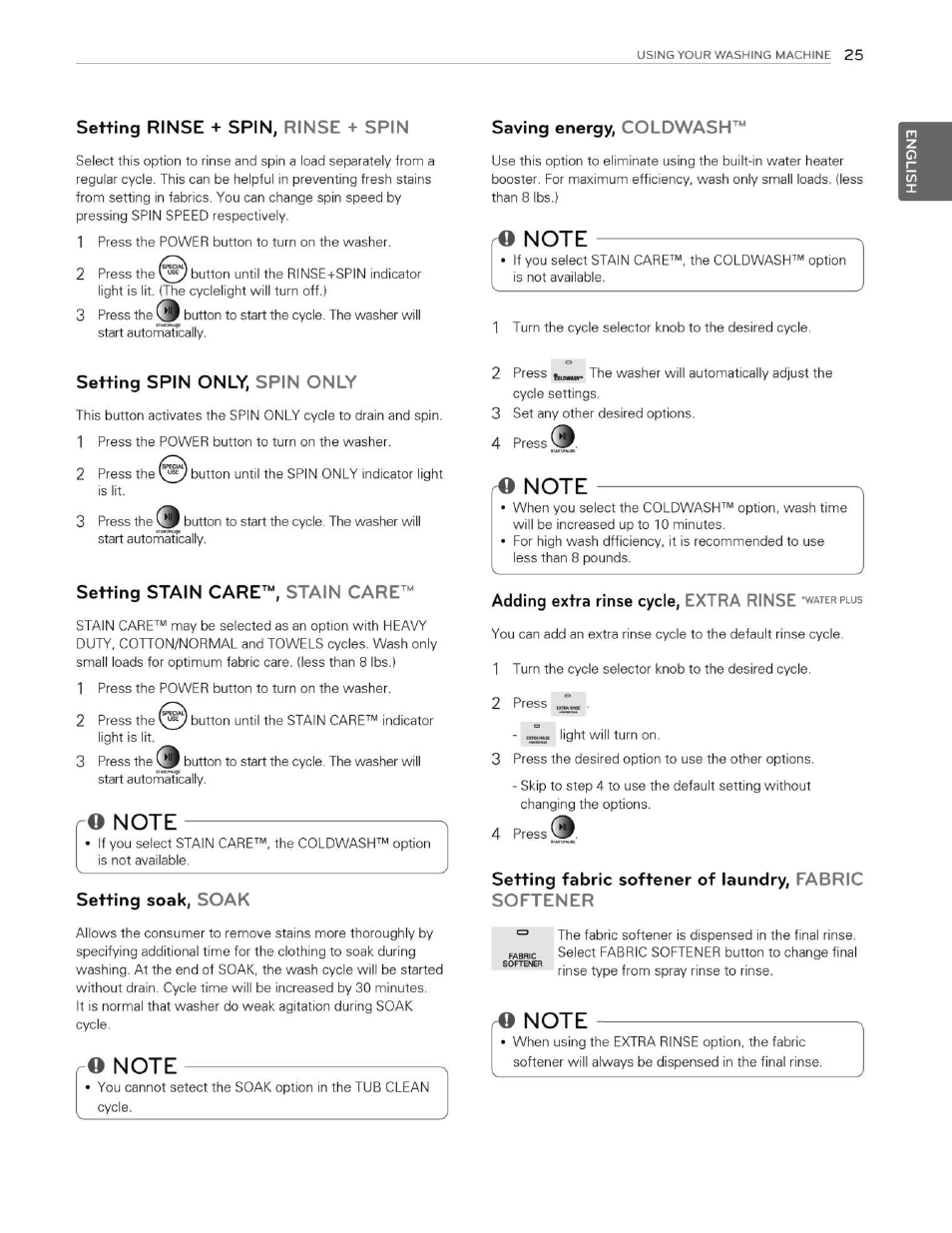Setting rinse + spin, rinse + spin, Saving energy, coldwash, Rq note | Setting spin only, spin only, Setting stain care"^ stain care, O note, Setting soak, soak, Ro note, Note, Adding extra rinse cycle, extra rinse | LG WT5070CW User Manual | Page 25 / 76