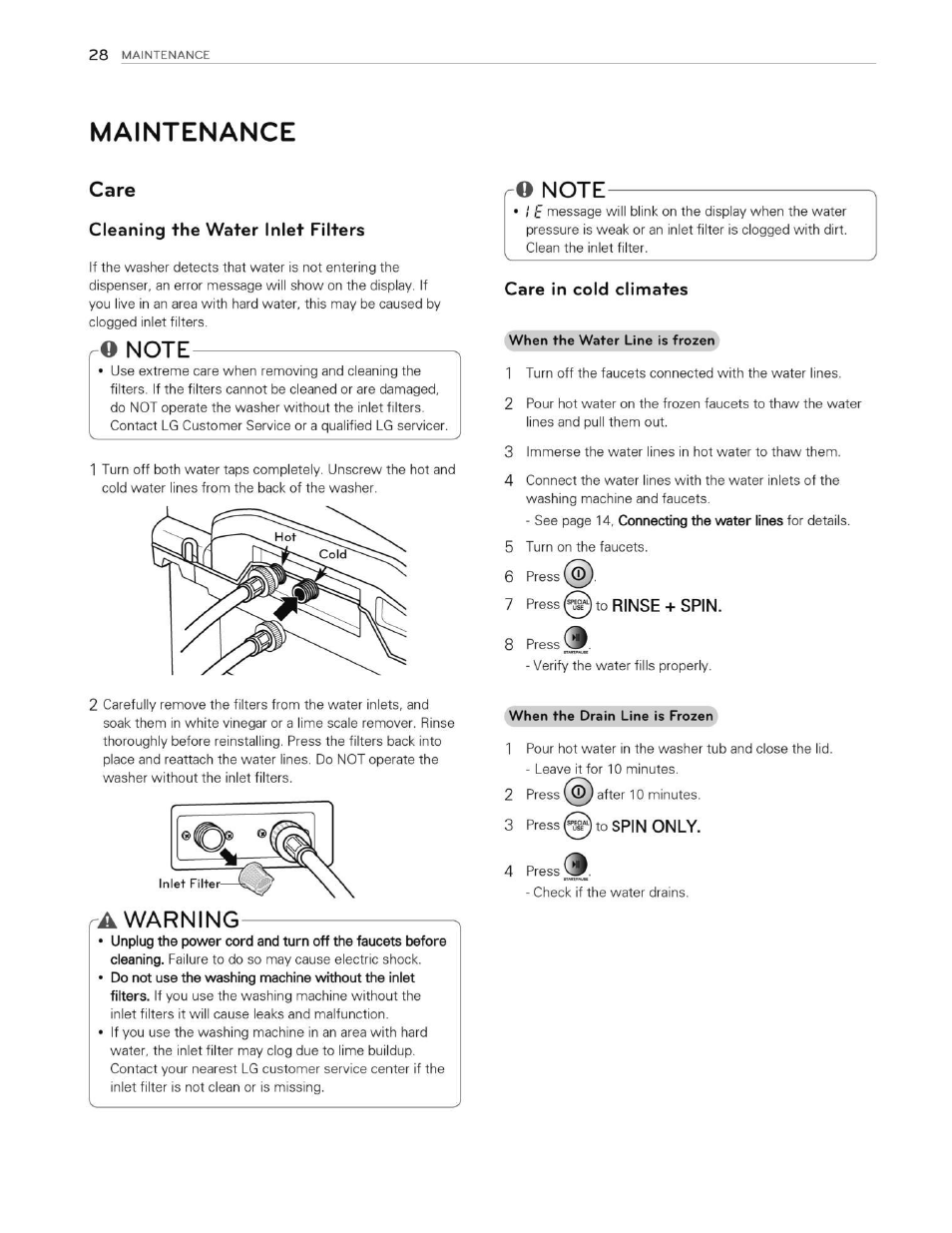 Maintenance, Care, Cleaning the water inlet filters | O note, A warning, Care in cold climates, 7 press q to rinse + spin, Warning | LG WT5070CW User Manual | Page 28 / 76