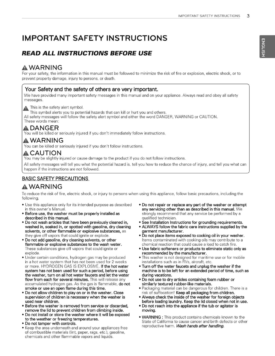 Important safety instructions, Awarning, Adanger | Acaution, Basic safety precautions, Read all instructions before use | LG WT5070CW User Manual | Page 3 / 76