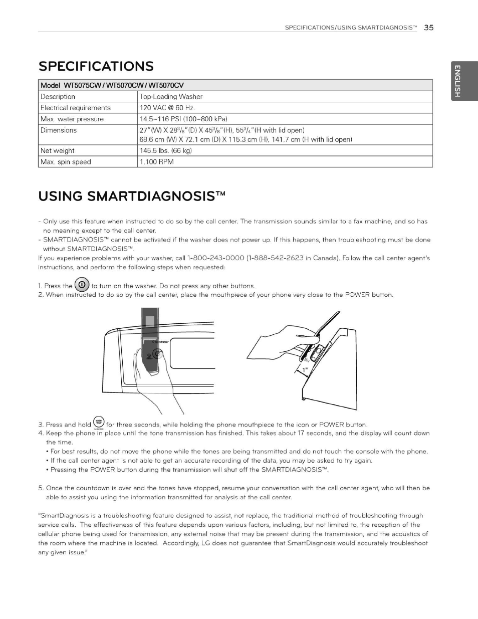 Specifications, Using smartdiagnosis | LG WT5070CW User Manual | Page 35 / 76