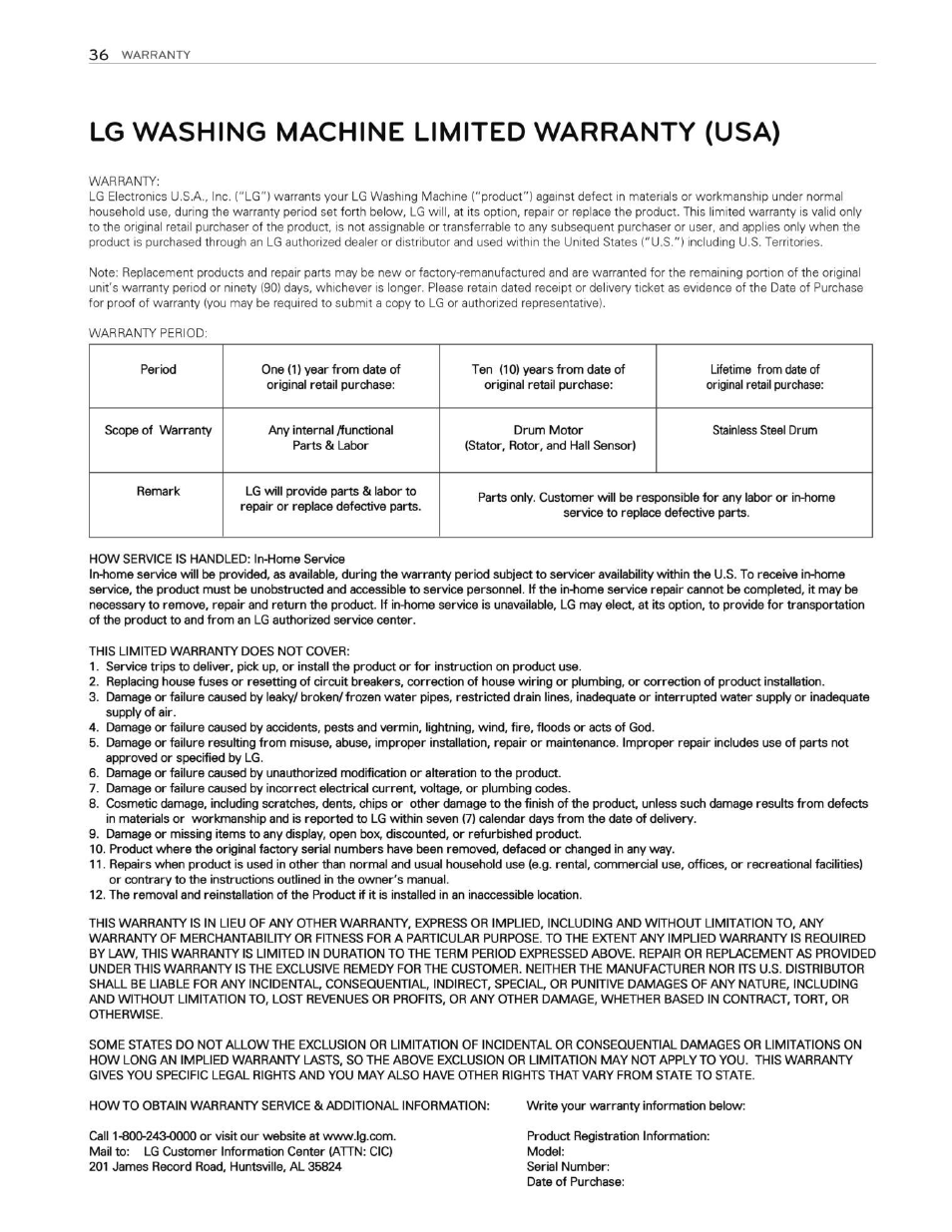 Lg washing machine limited warranty (usa) | LG WT5070CW User Manual | Page 36 / 76