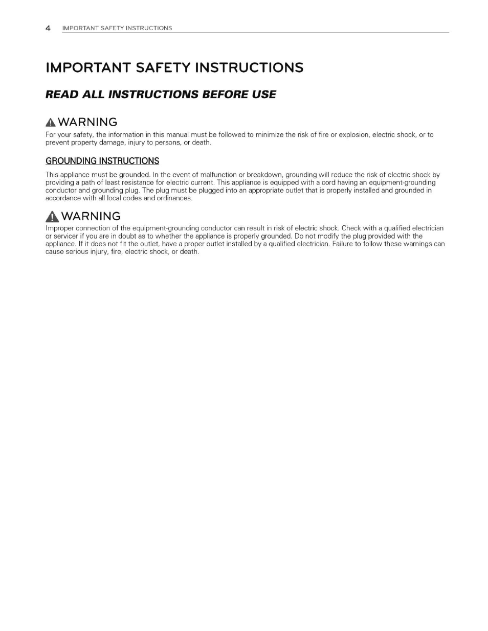 Important safety instructions, Awarning, Grounding instructions | Read all instructions before use | LG WT5070CW User Manual | Page 4 / 76