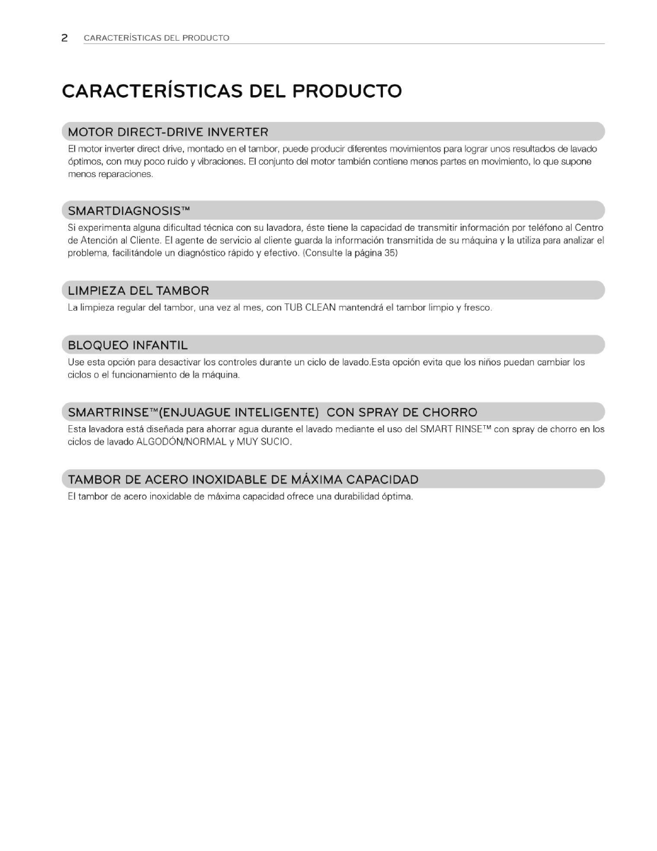 Caracteristicas del producto | LG WT5070CW User Manual | Page 40 / 76