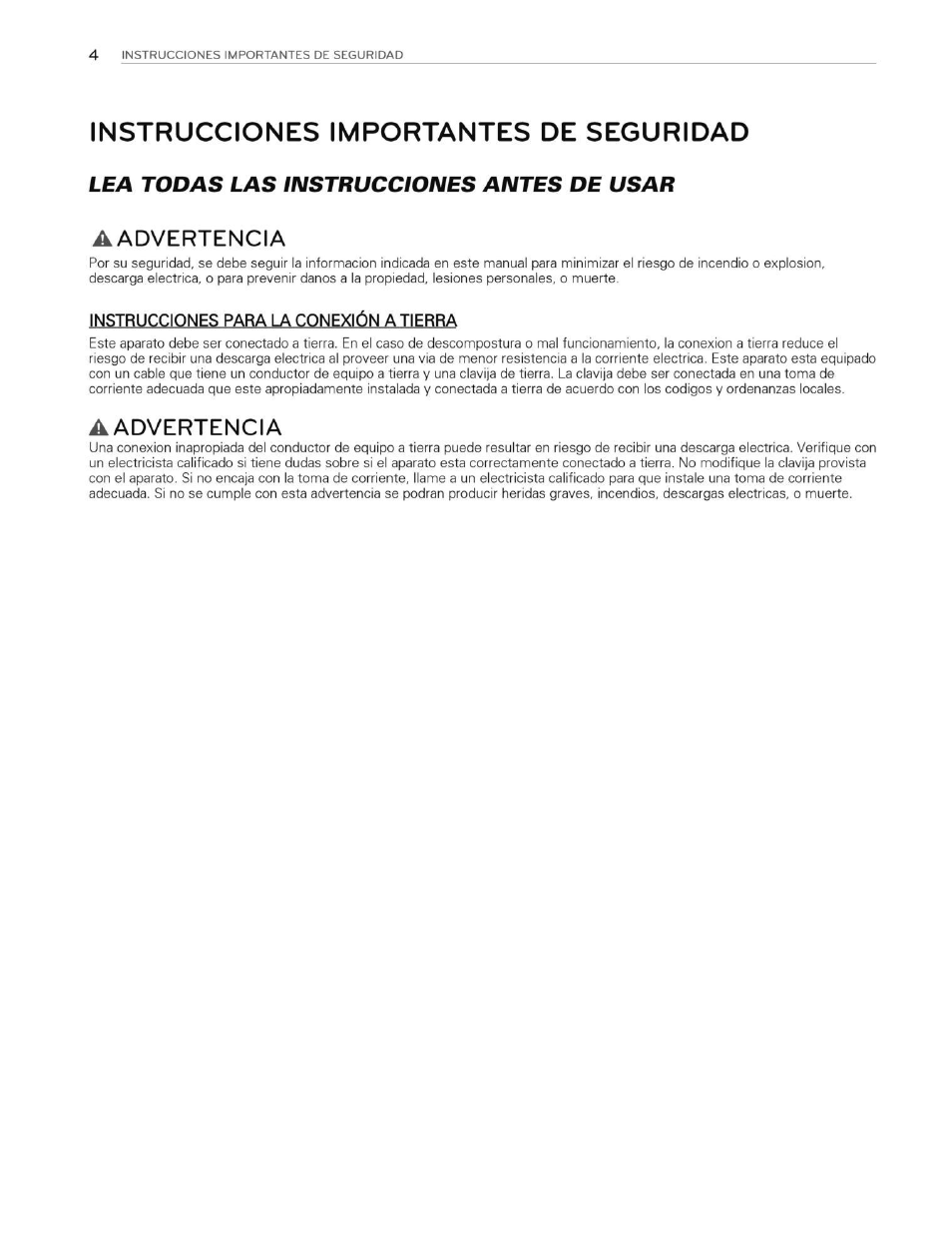 Instrucciones importantes de seguridad, Aadvertencia, Instrucciones para la conexión atierra | Lea todas las instrucciones antes de usar | LG WT5070CW User Manual | Page 42 / 76