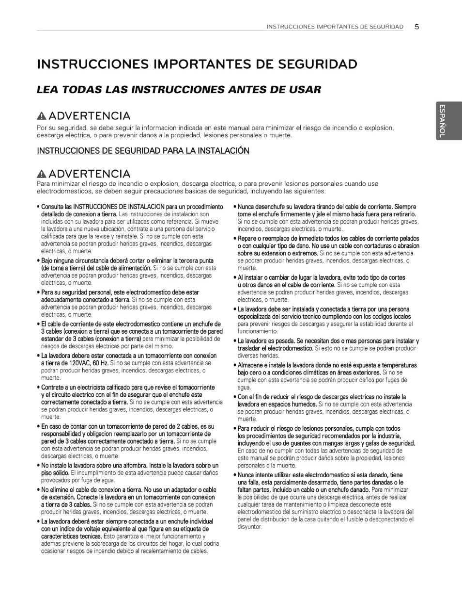 Instrucciones importantes de seguridad, Aadvertencia, Instrucciones de seguridad para la instalación | Lea todas las instrucciones antes de usar | LG WT5070CW User Manual | Page 43 / 76