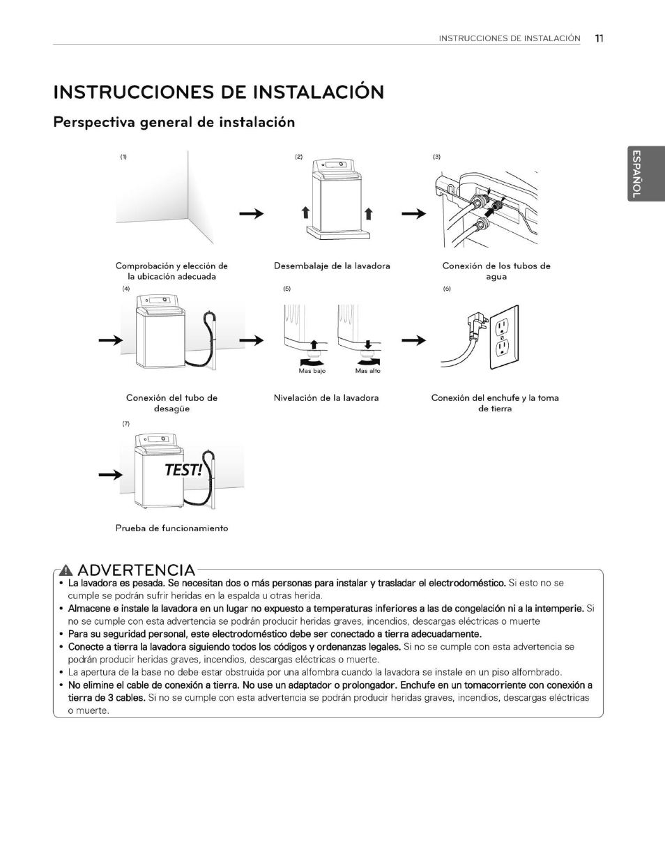 Instrucciones de instalacion, Perspectiva general de instalación, A advertencia | Advertencia | LG WT5070CW User Manual | Page 49 / 76