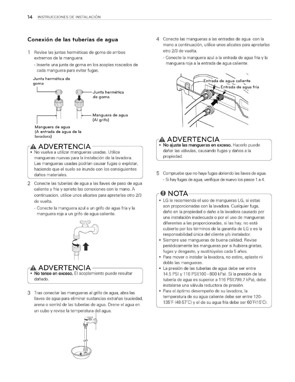 Conexión de las tuberías de agua, Advertencia, Nota | LG WT5070CW User Manual | Page 52 / 76