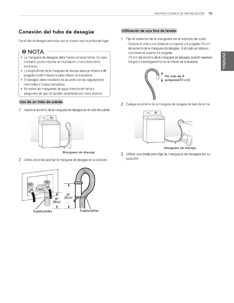 Conexión del tubo de desagüe, O nota | LG WT5070CW User Manual | Page 53 / 76