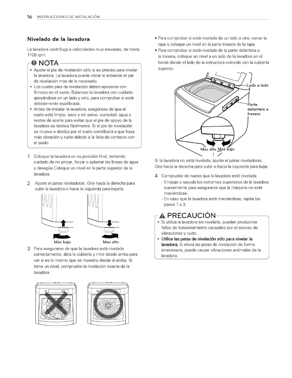 Nivelado de la lavadora, O nota, A precaución | LG WT5070CW User Manual | Page 54 / 76