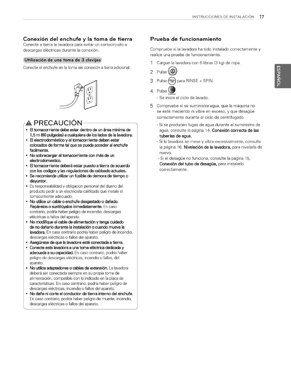Conexión del enchufe y la toma de tierra, Ra precaucion, Prueba de funcionamiento | LG WT5070CW User Manual | Page 55 / 76