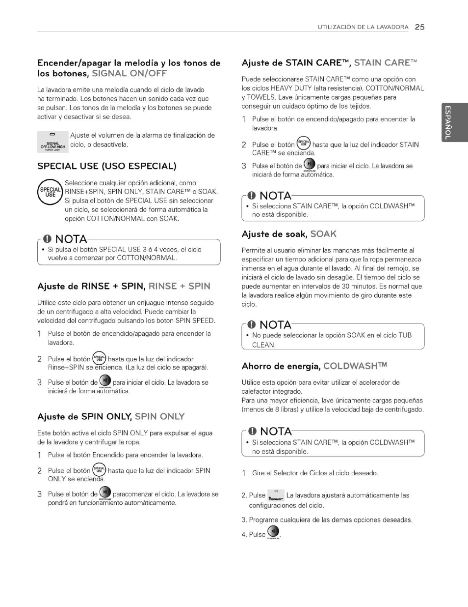 Special use (uso especial), O nota, Ajuste de rinse + spin, rinse + spin | Ajuste de spin only, spin only, Ajuste de stain care"^ stain care, Ajuste de soak, soak, Ahorro de energía, coldwash, Nota | LG WT5070CW User Manual | Page 63 / 76
