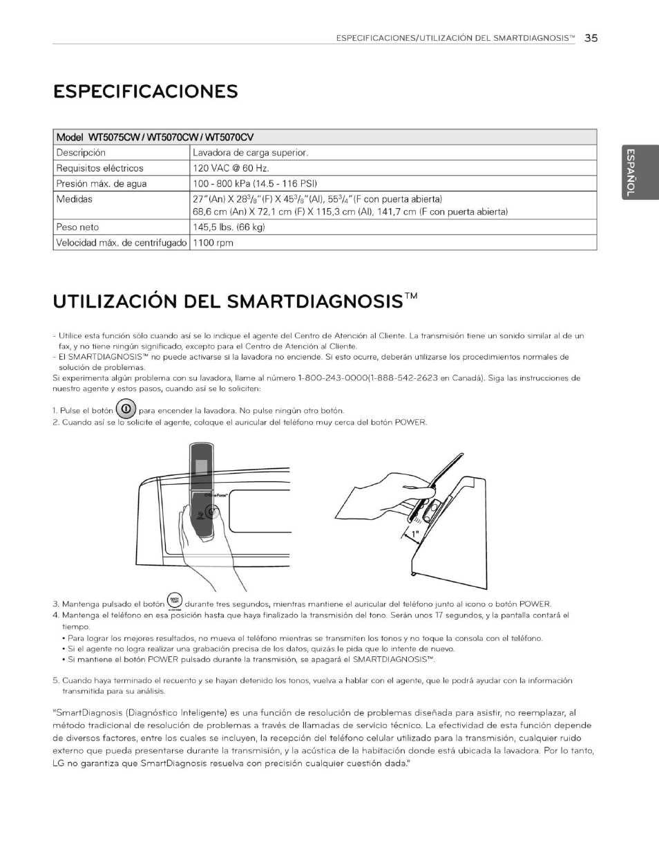Especificaciones, Utilizacion del smartdiagnosis | LG WT5070CW User Manual | Page 73 / 76