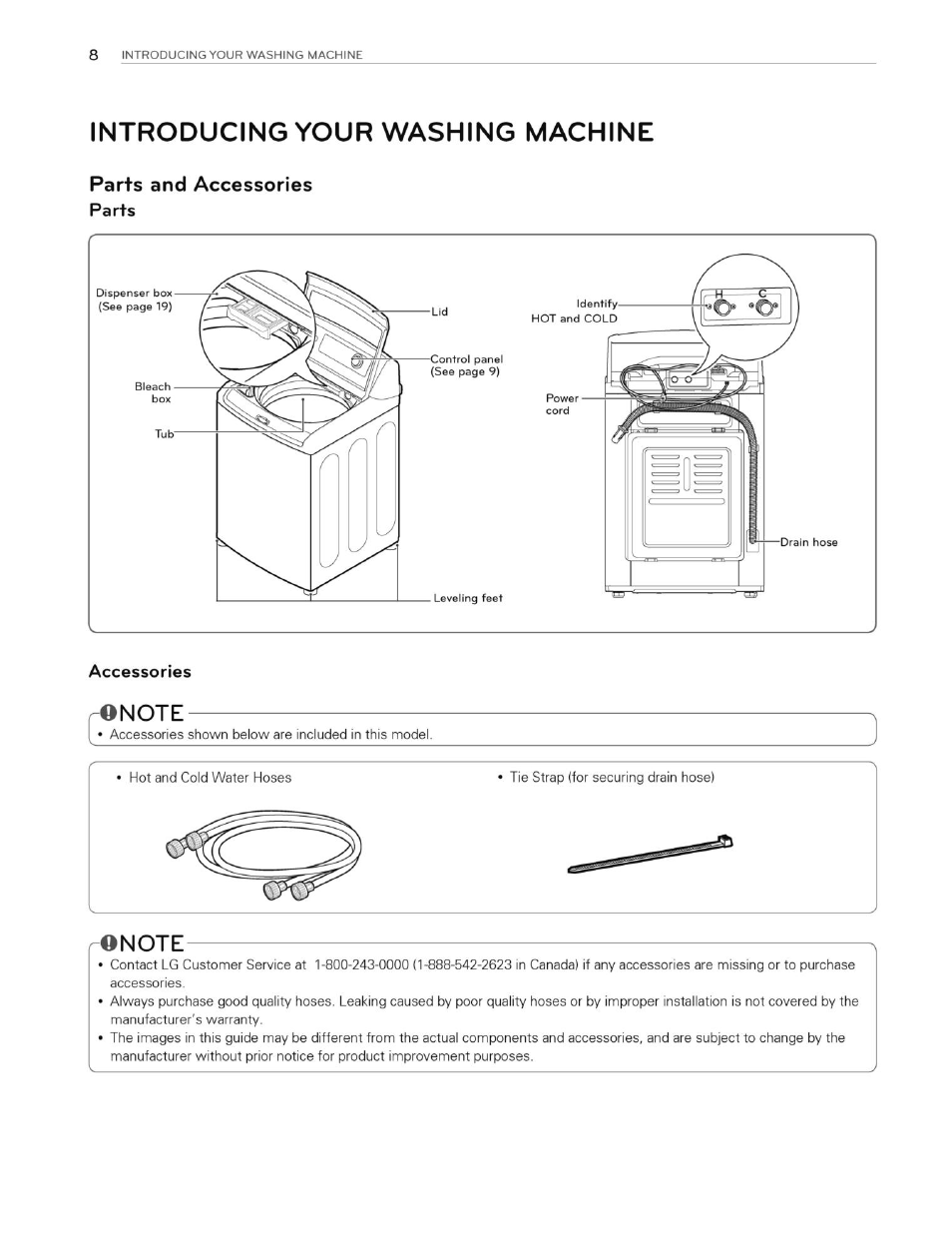 Introducing your washing machine, Parts and accessories, Parts | Accessories, Onote | LG WT5070CW User Manual | Page 8 / 76