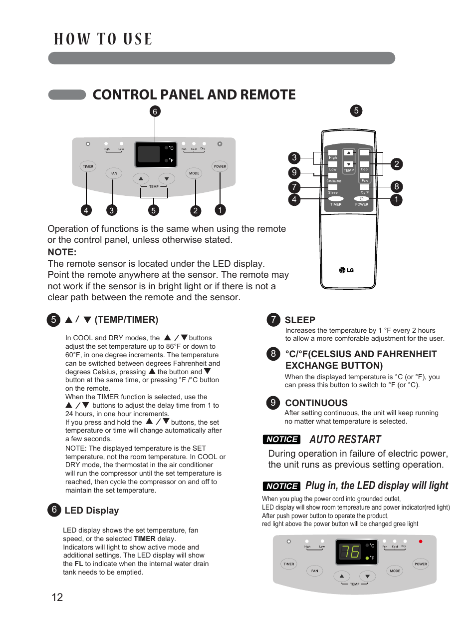 Control panel and remote, Auto restart, Plug in, the led display will light | English 12 | LG LP1014WNR User Manual | Page 12 / 26