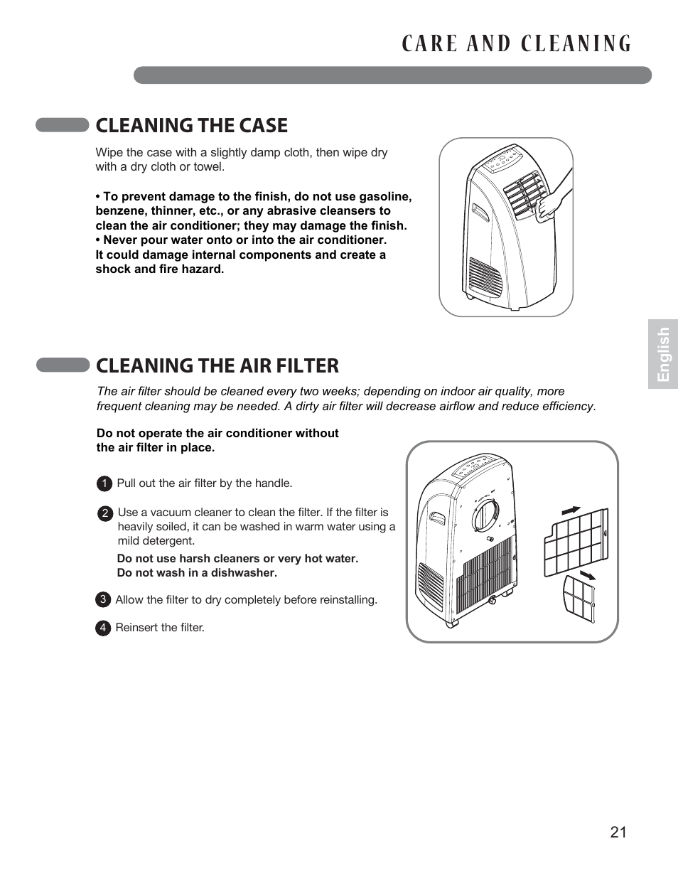 Cleaning the case, Cleaning the air filter | LG LP1014WNR User Manual | Page 21 / 26