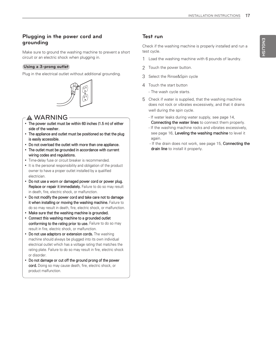 Warning, Plugging in the power cord and grounding, Test run | LG WT6001HVA User Manual | Page 17 / 92