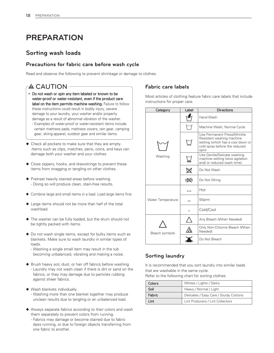 Preparation, Caution, Sorting wash loads | Precautions for fabric care before wash cycle, Fabric care labels, Sorting laundry | LG WT6001HVA User Manual | Page 18 / 92