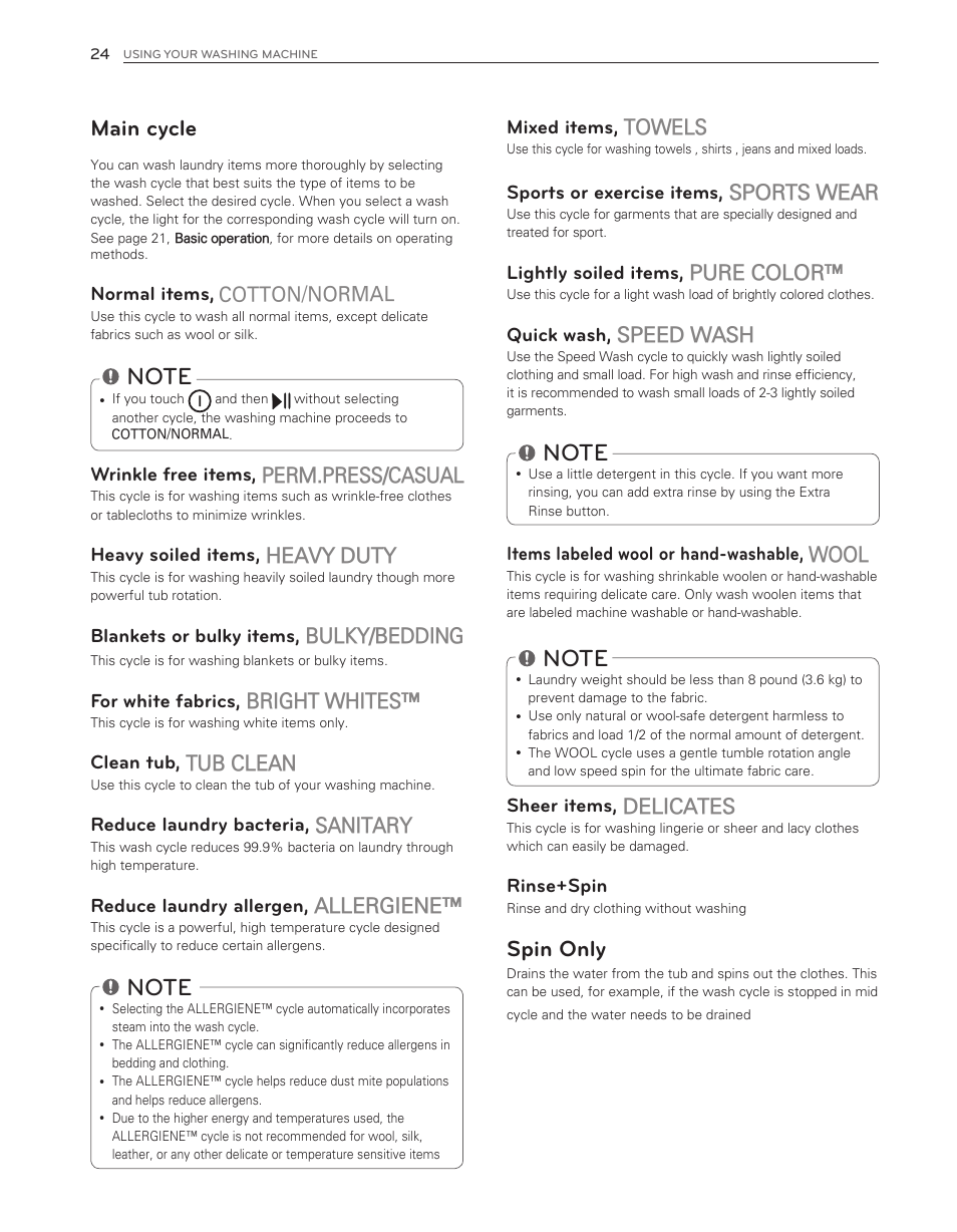 Spin only, Main cycle, Towels | Sports wear, Pure color, Speed wash, Wool, Delicates, Perm.press/casual, Heavy duty | LG WT6001HVA User Manual | Page 24 / 92