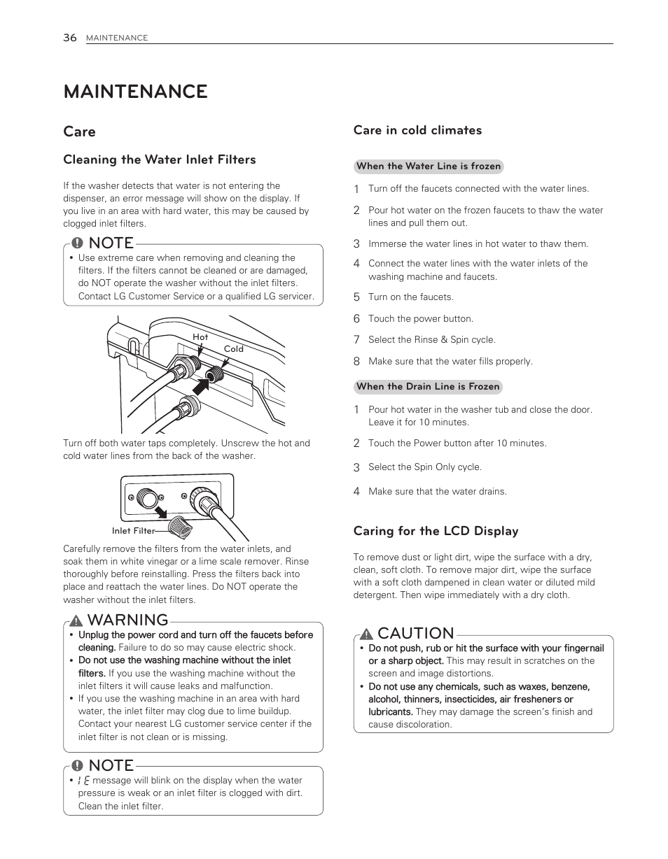 Maintenance, Warning, Caution | Care, Cleaning the water inlet filters, Care in cold climates, Caring for the lcd display | LG WT6001HVA User Manual | Page 36 / 92