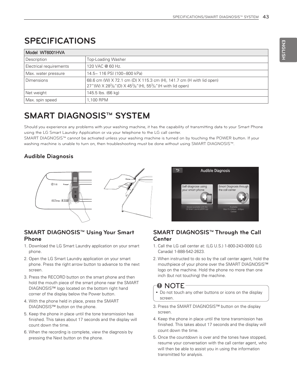 Smart diagnosis™ system specifications, Smart diagnosis™ through the call center | LG WT6001HVA User Manual | Page 43 / 92