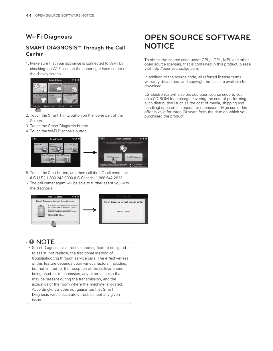 Open source software notice, Wi-fi diagnosis, Smart diagnosis™ through the call center | LG WT6001HVA User Manual | Page 44 / 92