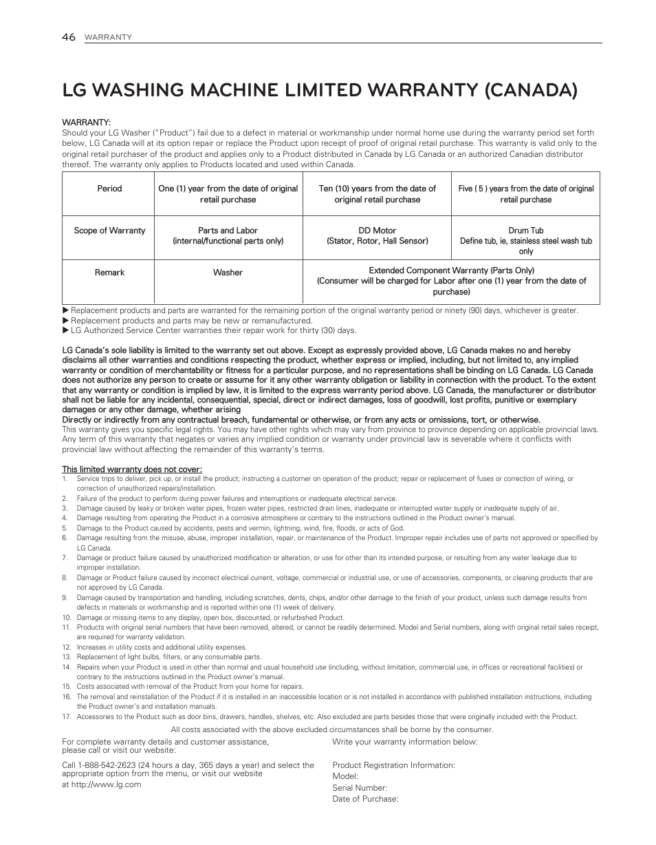Lg washing machine limited warranty (canada) | LG WT6001HVA User Manual | Page 46 / 92