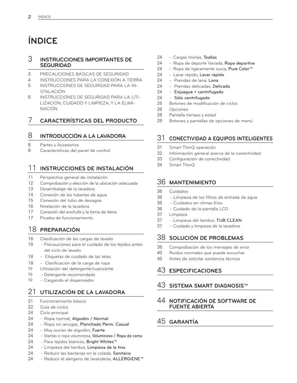 Índice | LG WT6001HVA User Manual | Page 48 / 92