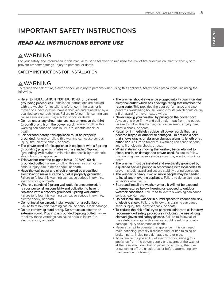 Important safety instructions, Warning, Read all instructions before use | LG WT6001HVA User Manual | Page 5 / 92