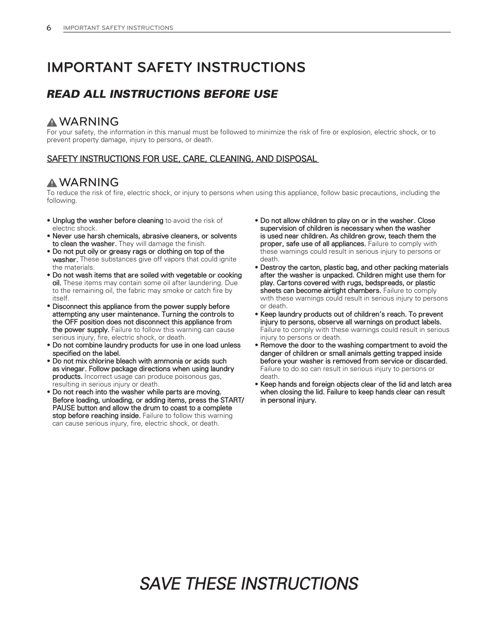 Save these instructions, Important safety instructions, Warning | Read all instructions before use | LG WT6001HVA User Manual | Page 6 / 92