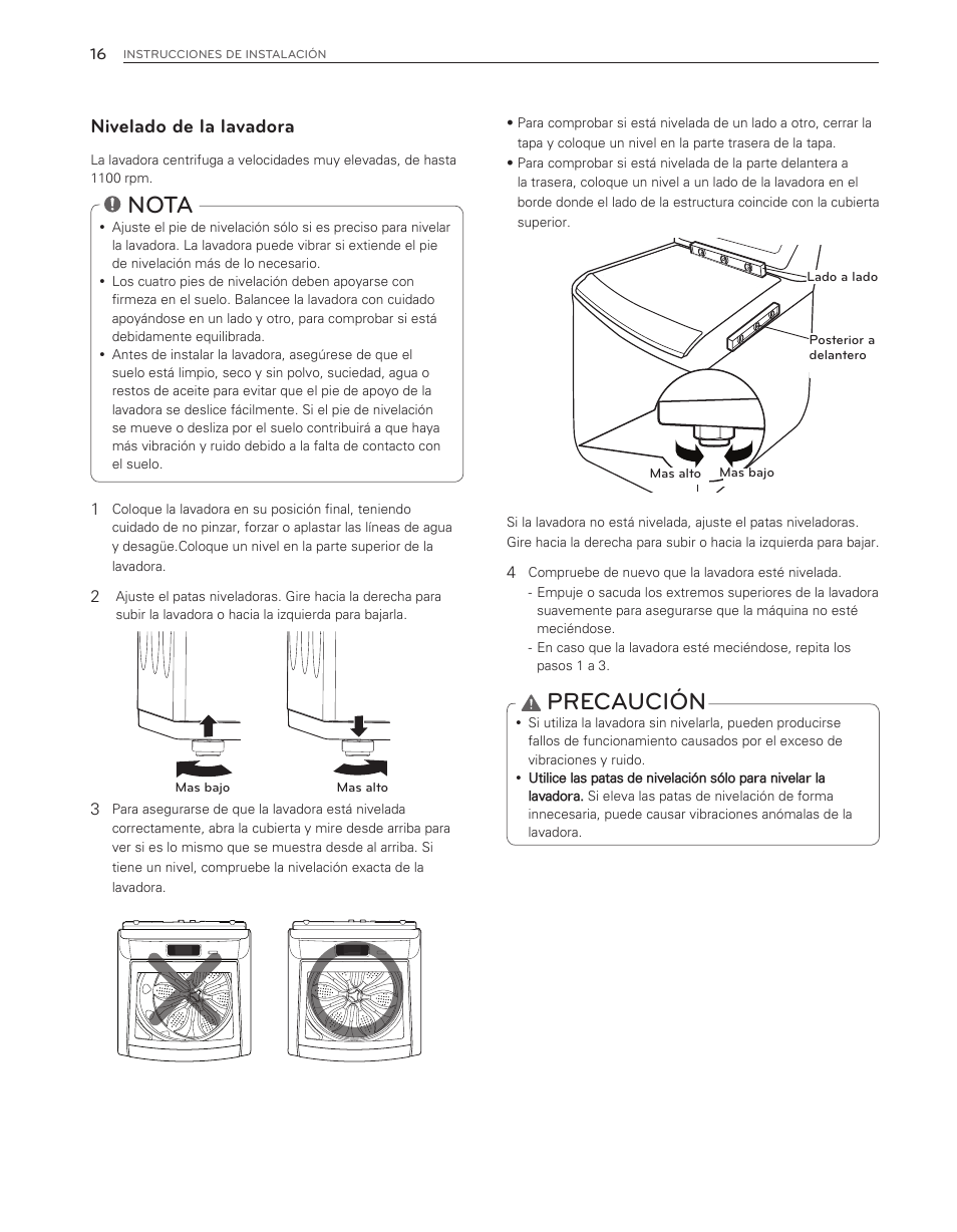 Nota, Precaución, Nivelado de la lavadora | LG WT6001HVA User Manual | Page 62 / 92