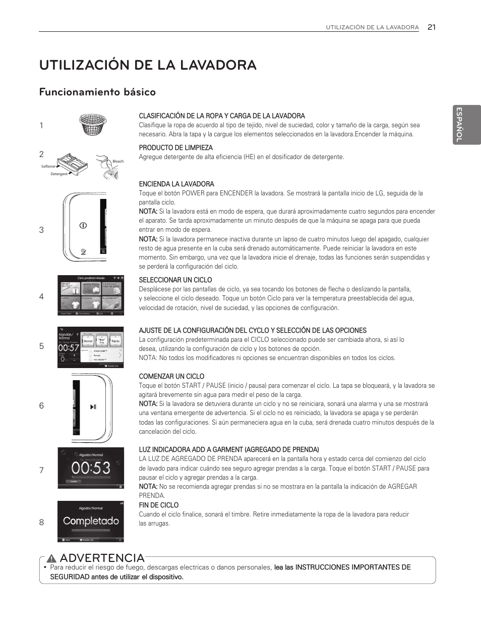 Utilización de la lavadora, Advertencia, Funcionamiento básico | LG WT6001HVA User Manual | Page 67 / 92