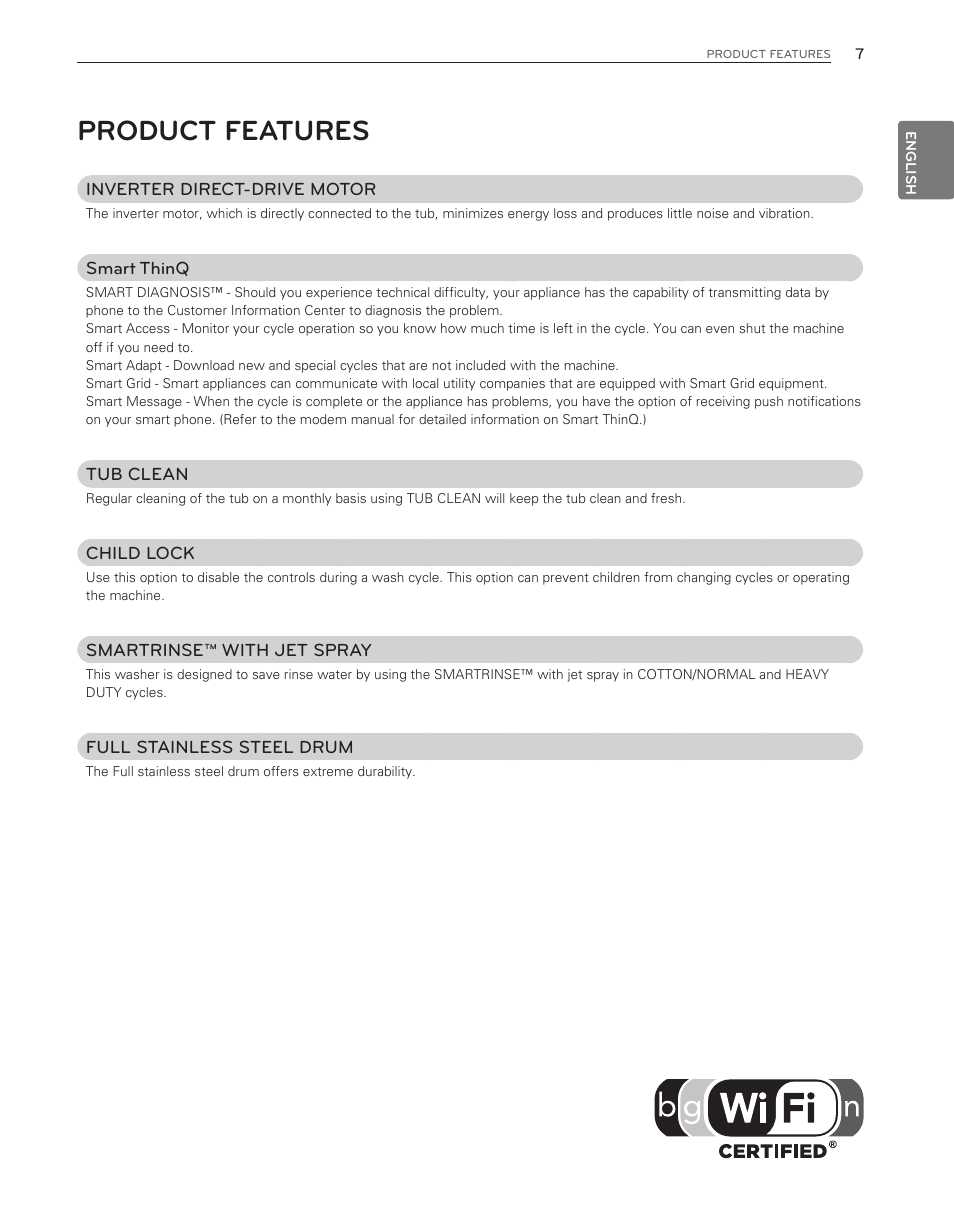 Product features | LG WT6001HVA User Manual | Page 7 / 92