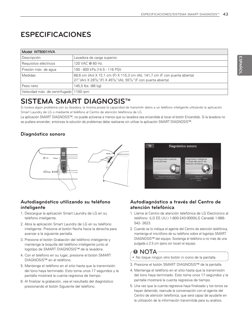 Especificaciones, Sistema smart diagnosis, Nota | Autodiagnóstico utilizando su teléfono inteligente, Diagnóstico sonoro | LG WT6001HVA User Manual | Page 89 / 92
