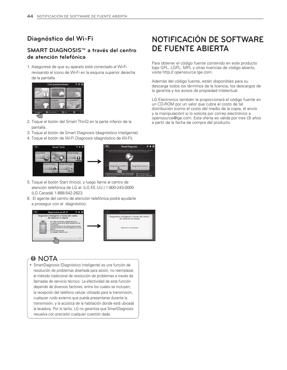 Notificación de software de fuente abierta, Nota, Diagnóstico del wi-fi | LG WT6001HVA User Manual | Page 90 / 92