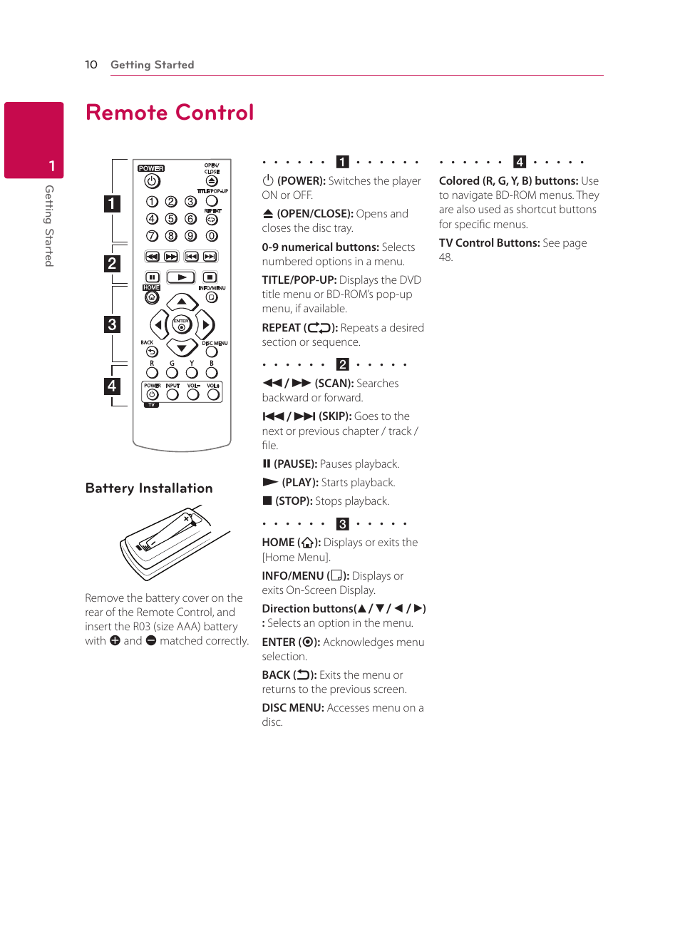 Remote control, 10 remote control, Battery installation | LG BPM34 User Manual | Page 10 / 62